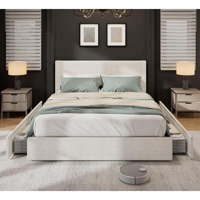 Garvee Bed Frame King Size Platform Bed with 4 Storage Drawers Upholstered Corduroy Channel Tufted Headboard Bed Frame with Strong Wooden Slat