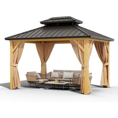 Garvee 10x12 Ft Elegant Outdoor Gazebo with Hardtop Double Roof Canopy - Galvanized Iron Frame Netting Curtains Perfect for Patio Backyard Deck and