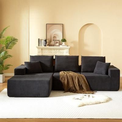100.4 in. W Corduroy Modular Sectional Sofa in. Black with Deep Seat, L Shaped Compressed Sofa, No Assembly Required