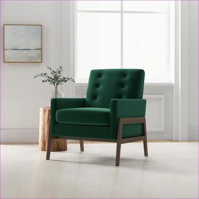 Watnature Modern Stella Forest Green Velvet Wingback Accent Chair for Adults Upholstered Reading Lounge Chair with Wooden Legs for Bedroom Dorm