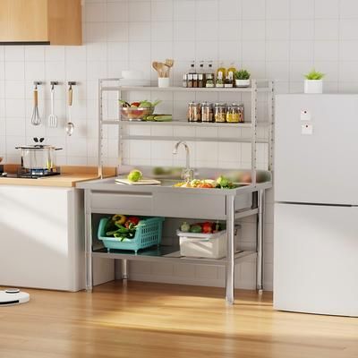 AECOJOY Stainless Steel Free Standing Single Bowl Commercial Kitchen Sinks with Drawer and Shelves one_size | 16586SR-LS02