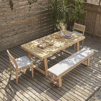 Castlery Rio Outdoor Teak Dining Set with 2 Chairs and Bench, Natural Beige, Treated Solid Teak Wood, Durable, Weather-Resistant