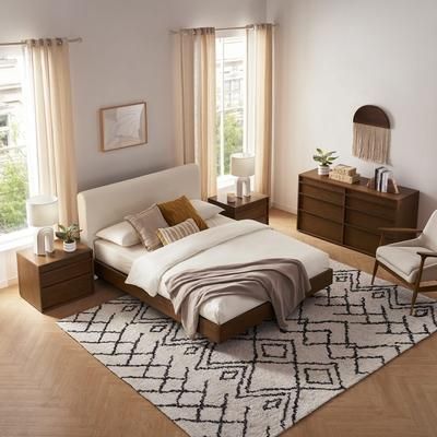 Boucle King Size Bed with 2 Nightstands & 6-Drawer Dresser Set | Joseph by Castlery - Modern Walnut Tones, Brown Finish