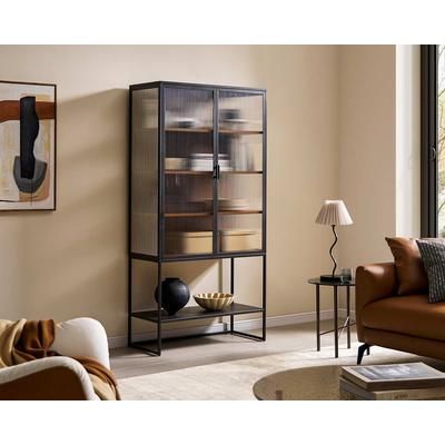 Panes Fluted Glass Tall Cabinet, Gunmetal Frame, Tempered Glass for Black