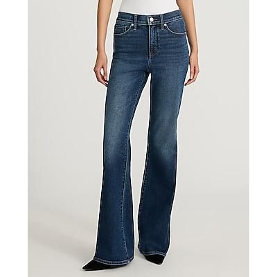 Express Women's High Waisted Dark Wash Hyper Sculpt '70S Flare Jeans in Blue, size: 14 Long