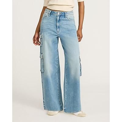 Express Women's Low Slung Medium Wash Baggy Cargo Jeans in Blue, size: 6