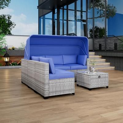 Garvee 6Pcs Patio Sectional Sofa Set PE Rattan Daybed with Retractable Canopy Outdoor Wicker Sunbed Chaise Chair Conversation Furniture Sets with