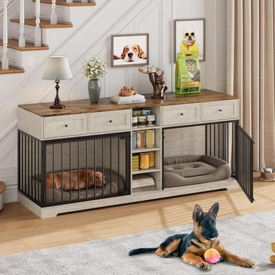 Garvee 82in Large Dog Crate for 2 Dogs Dog Kennel Indoor with 4 Drawers and Shelves Double Dog Crate Furniture TV Stand Wooden Dog Cage for Medium