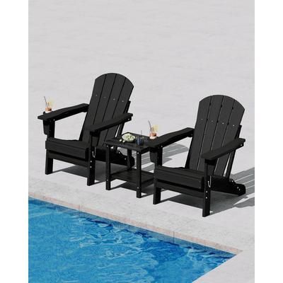 Garvee Folding Adirondack Chair Set of 2 with Side Table All Weather HDPE Outdoor Chair Wooden Textured with Cup Holder for patios Decks Gardens fire