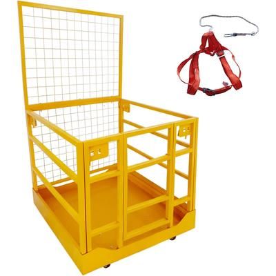 Garvee 43in x45in Forklift Safety Cage with Safety Harness Lock 1400lbs Capacity Forklift Man Basket with Wheels Heavy Duty Work Platform for