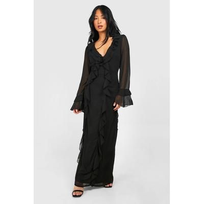 Petite Plunge Ruffle Flare Sleeve Woven Maxi Dress, black