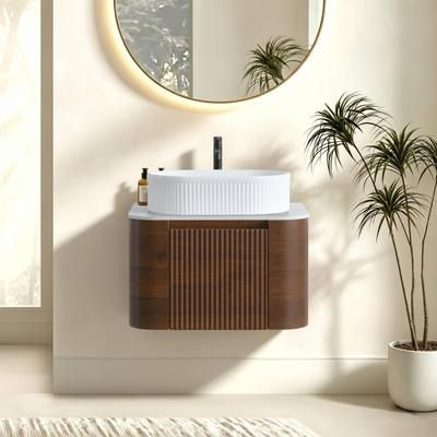 Afhocomp 24.03 in. Single Wall-mount Walnut Bath Vanity with White Sintered Stone Top and White Ceramic Sink Assembled in Brown | ABBV201