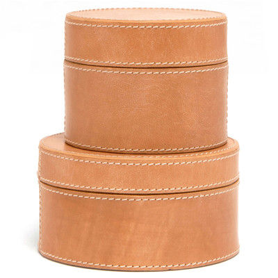 Pigeon and Poodle Leon Rustic Aged Camel Leather Round Decorative Boxes - Set of 2