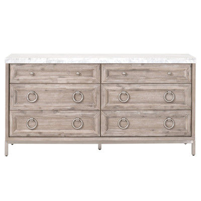 Avril French Country White Marble Top Natural Grey Acacia Wood 6 Drawer Double Dresser