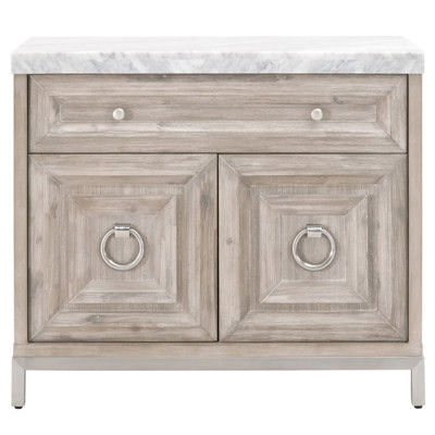 Avril French Country White Marble Top Natural Grey Acacia Wood Media Cabinet