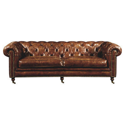 Harlan Updated Traditional Dark Brown Tufted Leather Sofa - 87"