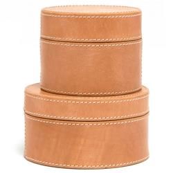Pigeon and Poodle Leon Rustic Aged Camel Leather Round Decorative Boxes - Set of 2