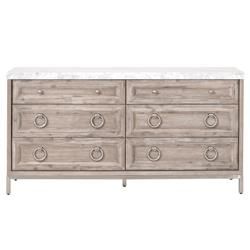 Avril French Country White Marble Top Natural Grey Acacia Wood 6 Drawer Double Dresser