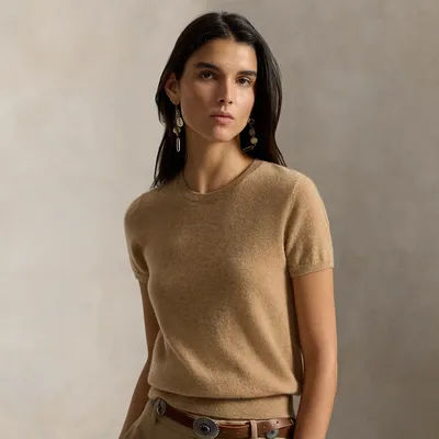 Ralph Lauren Cashmere Short-Sleeve Crewneck Sweater in Collection Camel Melange - Size XL