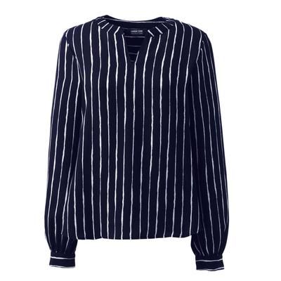 Women's Shirred Long Sleeve Stripe Split Neck Blouse - True Navy Chalk Stripe - 4