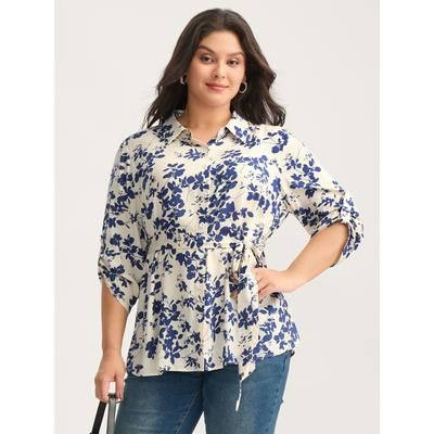 Plus Size DarkBlue Floral Print Waist-Tie Button Blouse Women Elbow-length sleeve Shirt collar Work Blouses BloomChic 18-20/2X