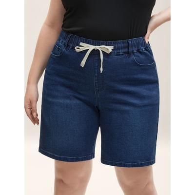 Plus Size Stretchy Waist Tie Straight-Leg Denim Shorts Women Denimindigo No stretch Everyday-Casual Slanted pocket Denim Shorts BloomChic 28/5X