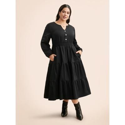 Plus Size Notched Button Detail Ruffle Layered Hem Dress Black Women At the Office Button Flat collar with V-notch Long Sleeve Curvy BloomChic 10/M