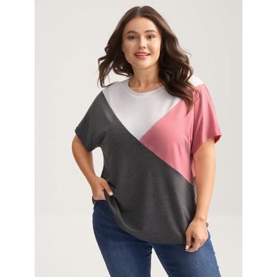 Plus Size Color Block Round Neck T-Shirt Multicolor Round Neck Short sleeve Jersey Tops 22-24/3X