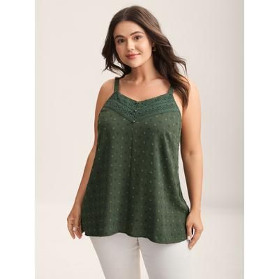Plus Size Textured Lace Trim Neck Tank Top Women ArmyGreen Woven ribbon&lace trim V-neck Everyday-Elegant Tank Tops Camis BloomChic 14-16/1X