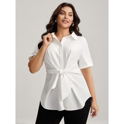 Plus Size Originalwhite Knotted Front Asymmetrical Hem Blouse Women Short sleeve Shirt collar Work Blouses BloomChic 14-16/1X
