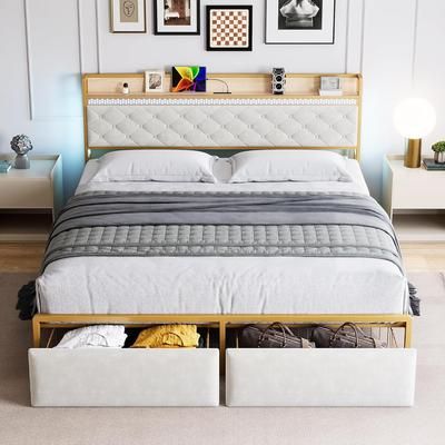 Garvee King Bed Frame Chic RGB LED Light-Up Headboard Bed Frame Dual Storage Drawers Built-in USB/Power Outlets Upholstered Platform Noise-Free Metal