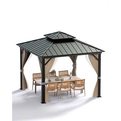 Garvee Hardtop Gazebo 12x12 Ft for All Weather with Double Metal Roof Aluminum Alloy Frame Net and Curtain Permanent Building for Patio Deck Backyard