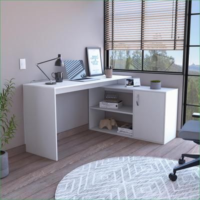 SunJet Desks LShaped with Right Return 59in Spacious Top Storage Shelves Cabinet White Engineered Wood | L22RY2NPCSA34