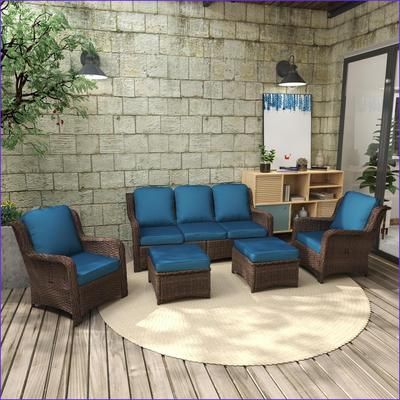 Watnature Patio Sets 5 Piece Minimalist Modern Outdoor Sectional for Patio Lawn Balcony Garden Peacock Blue PE Rattan andIron andWaterproof Fabric