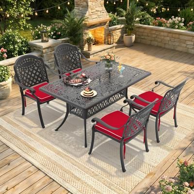 Watnature 5-Piece Set Of Cast Aluminum Patio Furniture With Black Frame and Red Seat Cushions(same sku:W1710S00087) Polyester | B6MA24W857JT