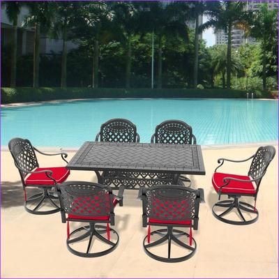 Watnature Patio Dining Set7 Piece All Weather Cast Aluminum for Backyard with 6 Swivel Chairs n ampRectangular Table Black Aluminum one_size