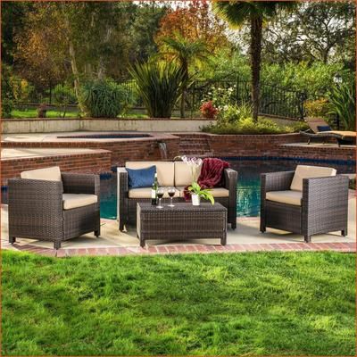 Watnature Patio 4 Piece Modern Sofa Set All Weather Outdoor Dark Brown Rattan andFabric one_size | 8M0Y52EHI7UK