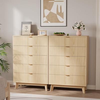 Garvee 5 Drawer Dresser Set of 2 32 in Tall Mid Century Modern Dresser Drawers Waveform Fluted Side Table Wood Drawer Organizer for Bedroom Living