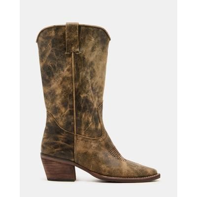 Steve Madden Women's Albany Wide Calf Block Heel Boots - Brown Distressed - Size 6.5W - Leather