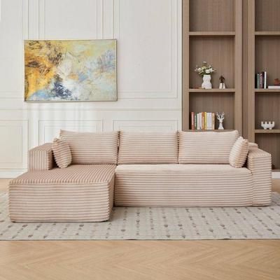 110 in. 2-Piece Corduroy Boneless L-Shaped Sectional Sofa in. Beige, Compression Sectional Couch, No Assembly Required