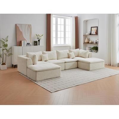 Garvee 140in Boneless Sectional Cloud Couch with Ottoman Convertible U Shaped Modular Sofa with Double Chaise Deep Seating Chenille Fabric