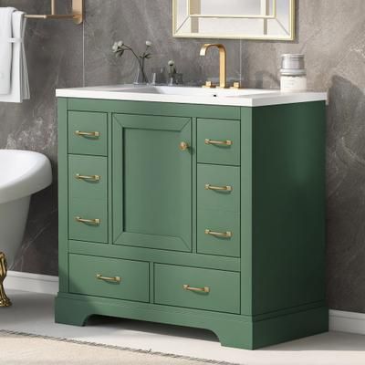 Afhocomp 36 in. Single Sink Freestanding Green Bath Vanity with White Integral Ceramic Basin | MOBYBV1936E
