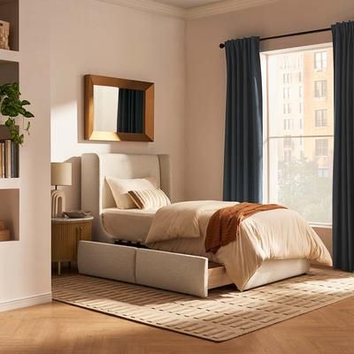 Wingback Headboard Twin Storage Bed - Beige | Dalton by Castlery, Twin Size, Furniture Storage Bed