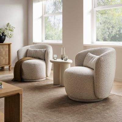 Avery Swivel Armchair Set of 2 by Castlery, White, Curved Winged Boucle Design, Spill-Resistant, Adjustable Base