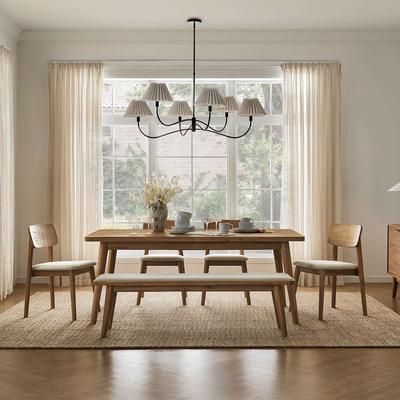 Long Wooden Extendable Dining Table Set with 4 Fabric Chairs and Extended Bench - Brown, White | Seb by Castlery, Multi Color