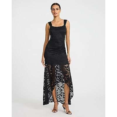 Express Women's Lace Scoop Neck Sleeveless Ruched High-Low Maxi Dress in Pitch Black