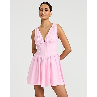Express Women's Stretch Poplin V-Neck Corset Mini Fit And Flare Dress in Pink Small
