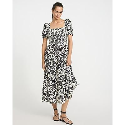 Express Women's Floral Square Neck Puff Sleeve Smocked Midi Dress in Black Medium