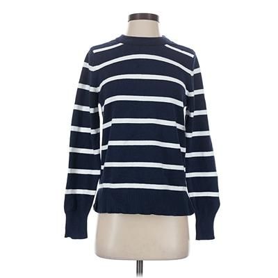 On 34th Pullover Sweater: Blue Stripes Pattern Tops - Size Small