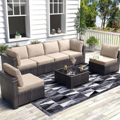 Garvee 7Pcs Outdoor Patio Furniture Sets Hand Woven PE Rattan Patio Conversation Sets with Glass Table Beige Cushions and Pillows Suitable for